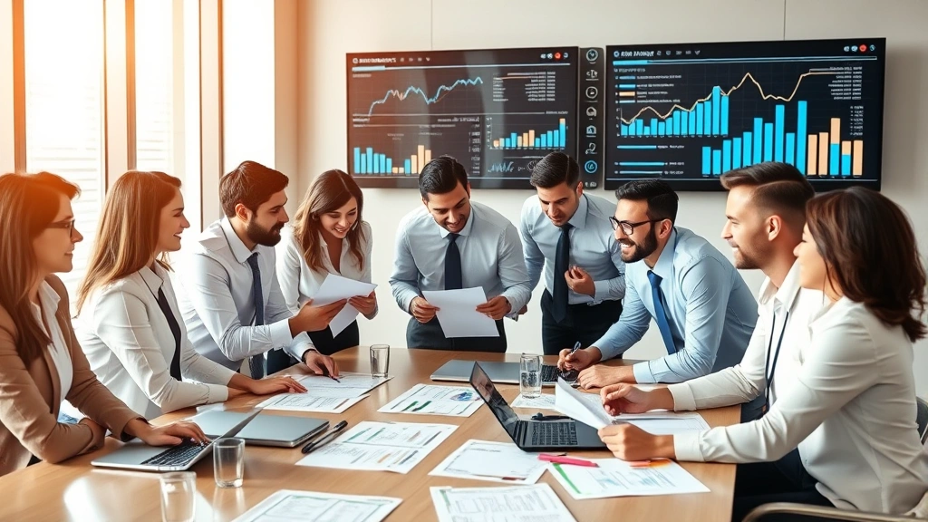 Diverse group of professionals in business attire collaborating around conference table with financial documents and success metrics displayed on digital screens