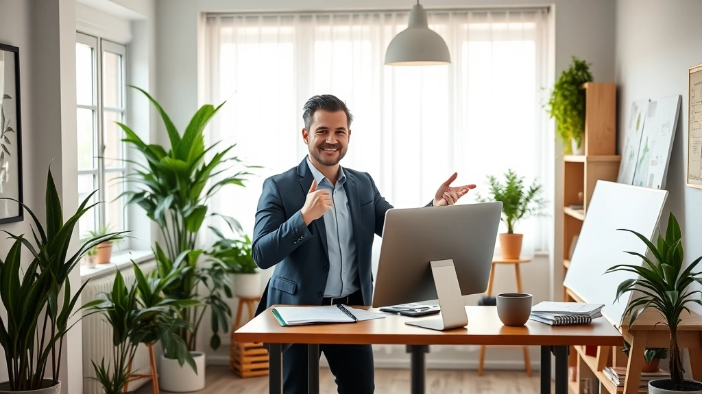 Successful entrepreneur working at standing desk in modern home office with plants, natural lighting, and financial planning materials visible, radiating confidence and prosperity