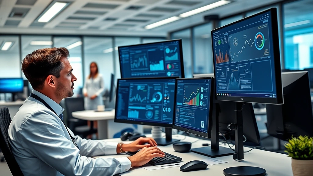Professional health informatics analyst working at modern computer workstation with multiple monitors displaying healthcare data dashboards and analytics, office environment with colleagues collaborating in background, modern healthcare facility setting