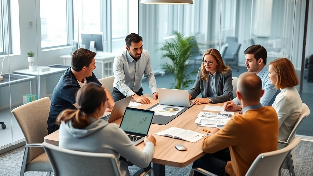 Diverse group of healthcare IT professionals in business casual attire collaborating around conference table with laptops and documents, discussing strategic healthcare technology initiatives, modern corporate healthcare office