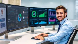 Professional health information manager working at modern hospital desk with multiple computer monitors displaying patient data dashboards, wearing business casual attire, confident expression, well-lit clinical office environment