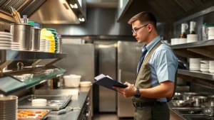 Professional health inspector in protective equipment examining food service equipment in a commercial kitchen, checking temperature gauges and sanitization procedures with clipboard