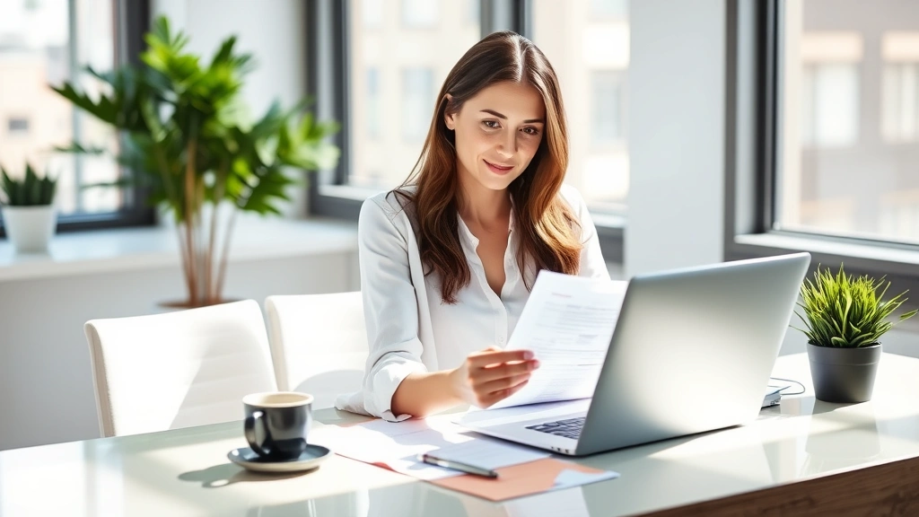 Professional woman reviewing health insurance documents at modern desk with laptop and coffee, natural sunlight, confident expression, organized workspace
