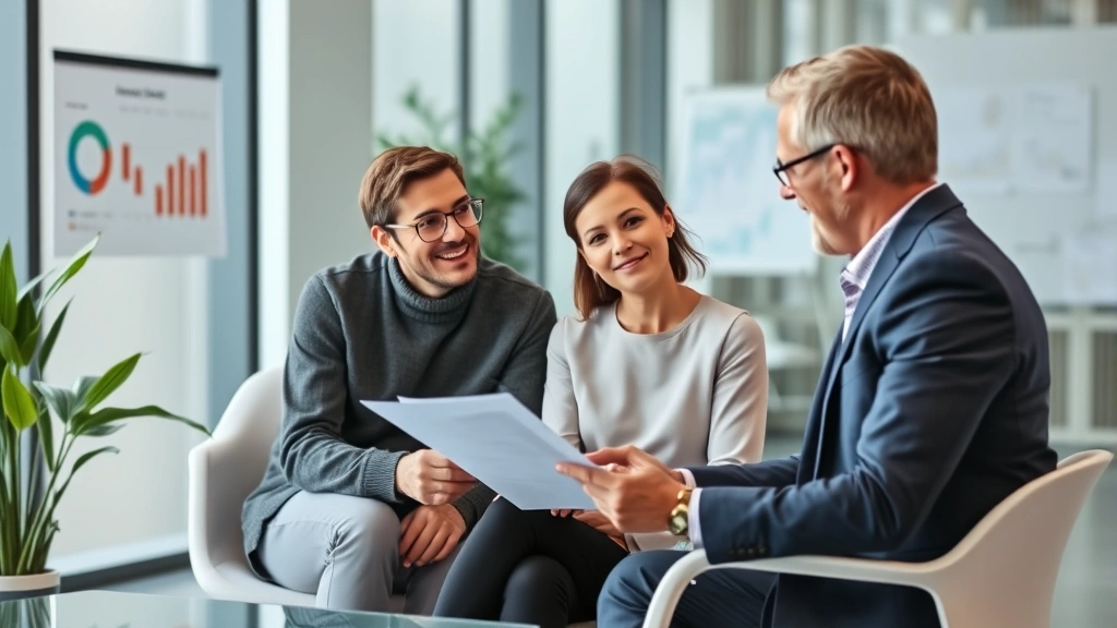 Diverse couple meeting with financial advisor in modern office, reviewing healthcare benefits and insurance plans, professional setting with charts visible