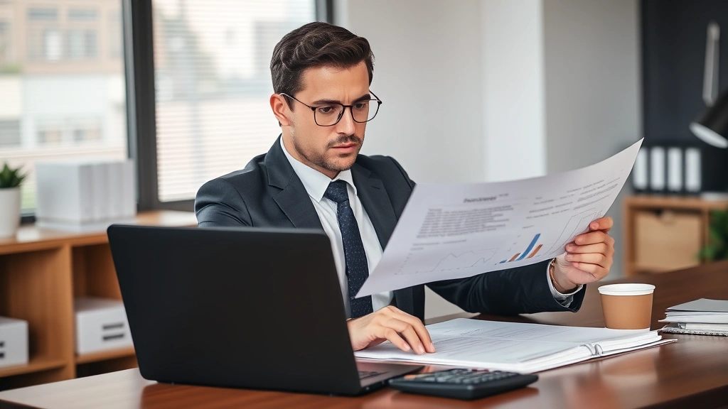 Professional businessman reviewing financial documents and legal papers at an organized desk with a laptop, cup of coffee, and calculator, natural office lighting, serious focused expression