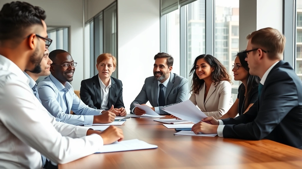 Diverse group of people in business attire sitting around a conference table during a legal consultation meeting, reviewing documents and taking notes, modern office setting with natural light