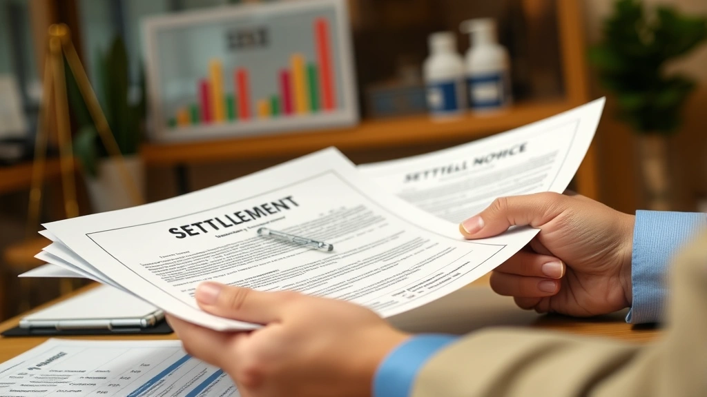 Close-up of hands holding official legal documents and settlement notices with financial charts visible in background, professional office environment with warm lighting