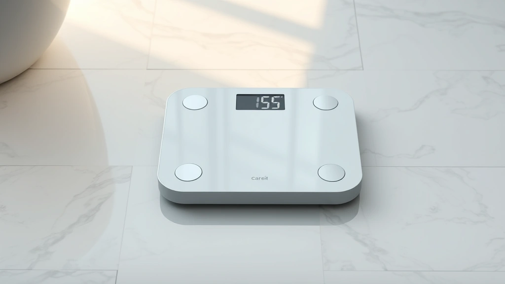 Professional bathroom scale on marble floor with soft morning light, displaying digital readout, minimalist wellness setting, no text visible, photorealistic
