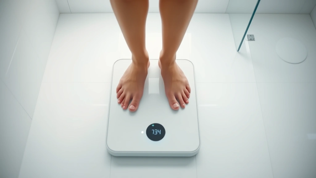 Person standing on modern digital scale in bright bathroom, focused on display screen, wellness and health monitoring context, no visible numbers or text, photorealistic