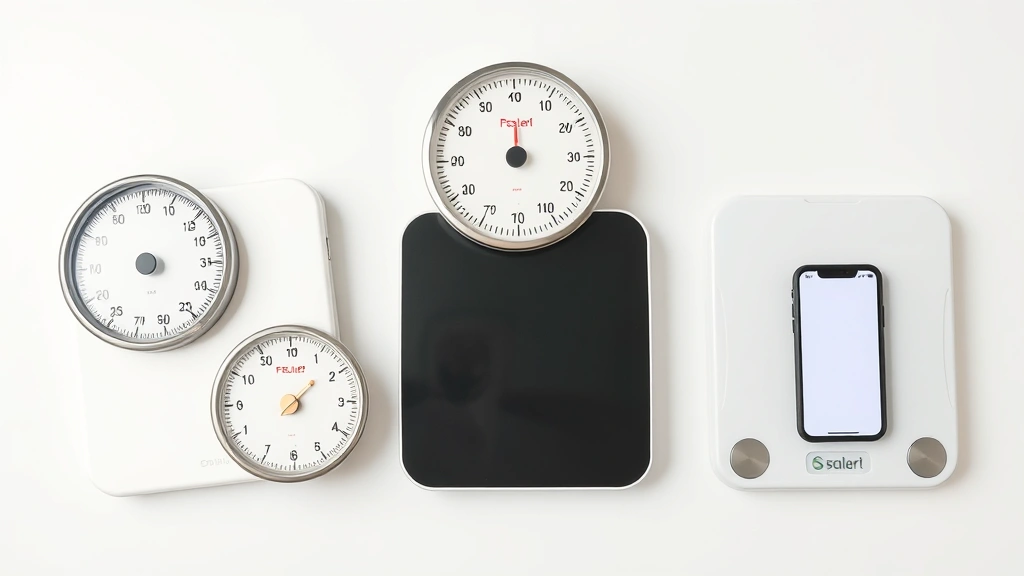 Collection of different scale types arranged on white surface—mechanical dial scale, digital display scale, and smart scale with app—showing product diversity, photorealistic, no text