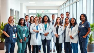 Professional diverse healthcare team in modern hospital lobby, smiling professionals in scrubs and business attire, welcoming collaborative environment, natural lighting from large windows, plants and contemporary design visible