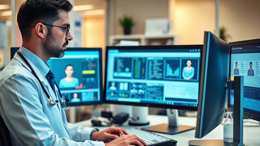 Healthcare professional at computer workstation reviewing patient data on multiple monitors, focused expression, modern medical office setting, ergonomic workspace, soft professional lighting