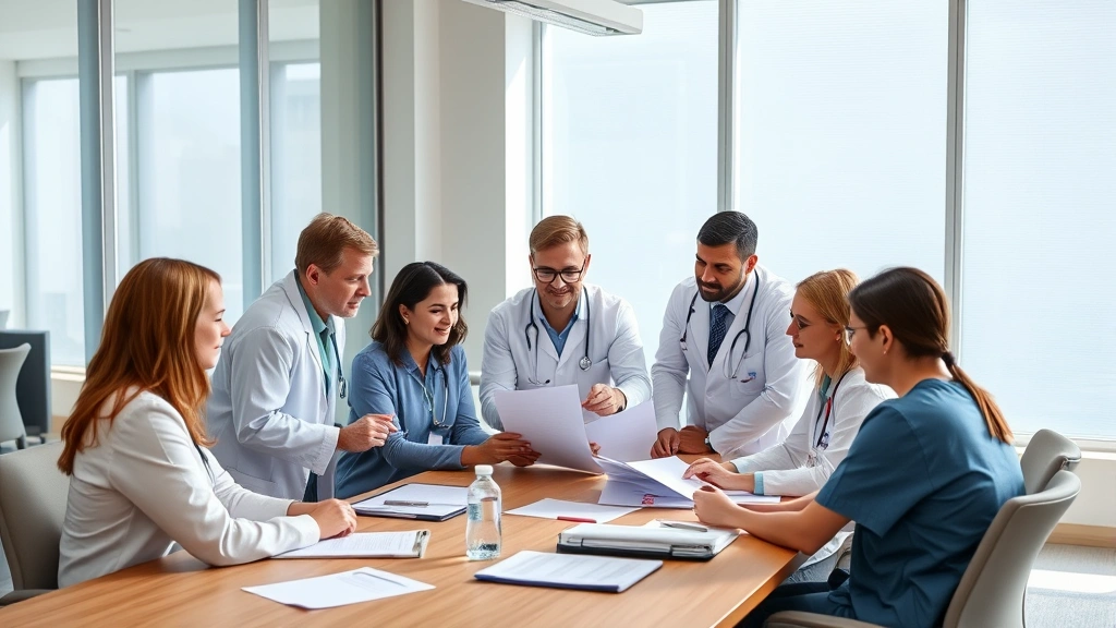 Group of healthcare professionals in team meeting around conference table, reviewing documents and discussing plans, diverse team composition, collaborative atmosphere, natural daylight streaming through windows