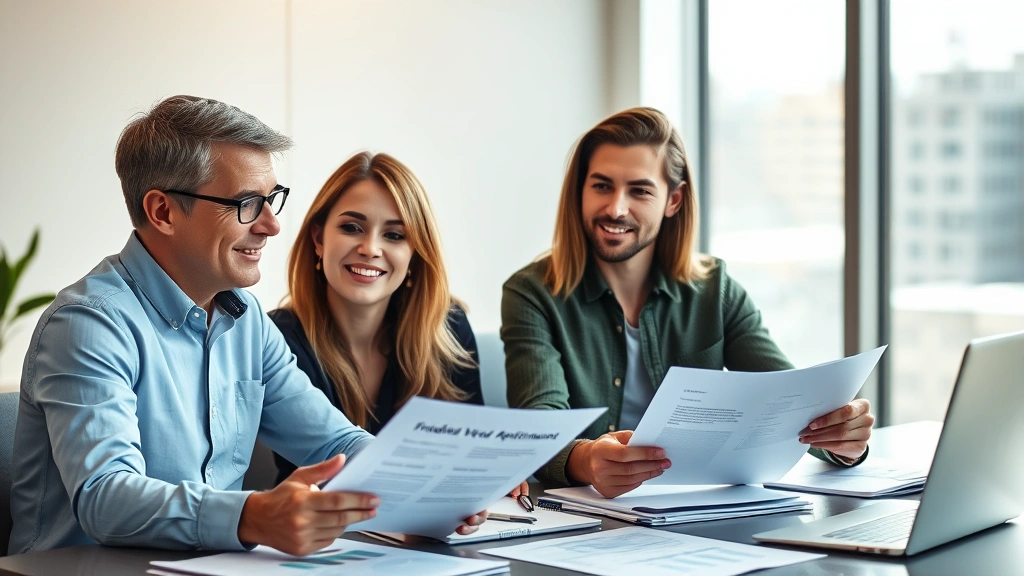 Professional financial advisor meeting with young couple reviewing investment portfolio and retirement planning documents at modern office desk, warm lighting, confident expressions, charts and documents visible