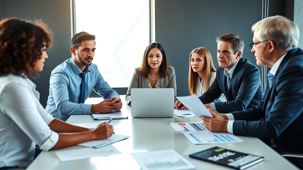 Diverse group of professionals in business attire collaborating around conference table with laptop and financial reports, discussing investment strategy and wealth growth, modern corporate environment, natural daylight