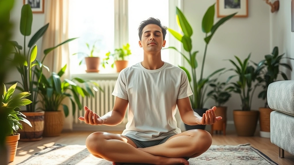 Person meditating peacefully in home environment with plants and natural light streaming through windows, representing wellness and mental clarity for better financial decision-making, serene atmosphere