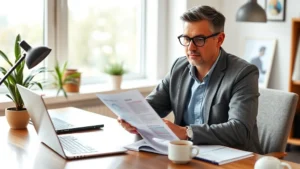 Professional adult reviewing health insurance documents and financial statements at modern home office desk with laptop and coffee, natural lighting through windows, confident expression