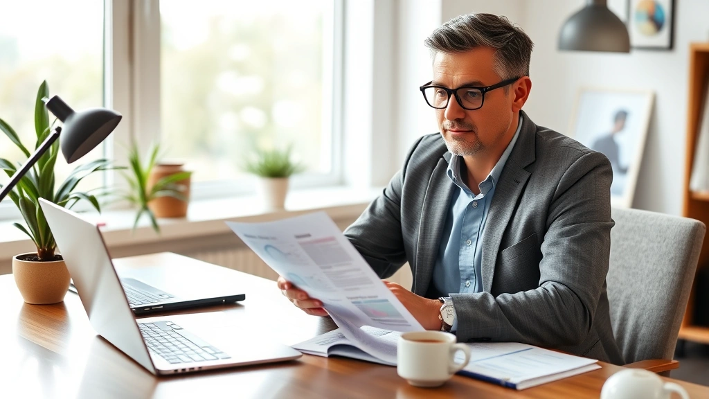 Professional adult reviewing health insurance documents and financial statements at modern home office desk with laptop and coffee, natural lighting through windows, confident expression