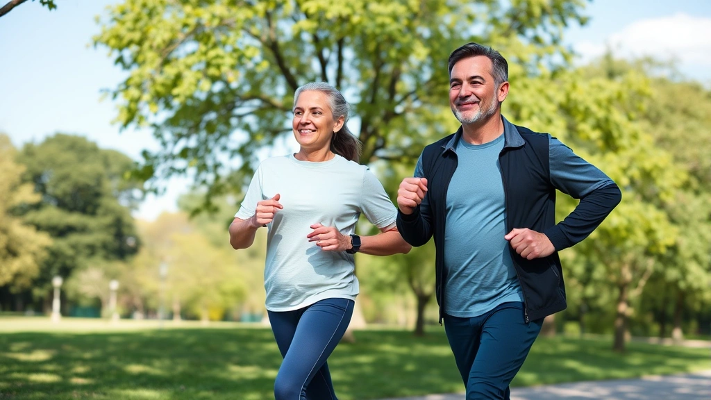 Active middle-aged couple exercising outdoors in park setting, jogging together on scenic path with trees and blue sky, healthy lifestyle representation without fitness equipment visible