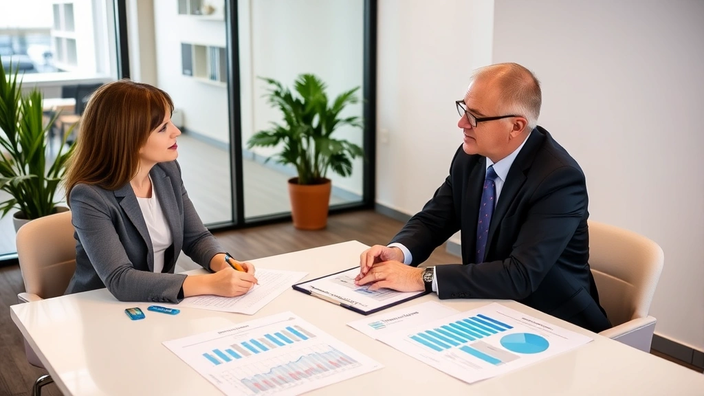 Financial advisor and client meeting in modern office discussing healthcare planning with charts and documents on table, professional attire, collaborative discussion atmosphere, warm lighting