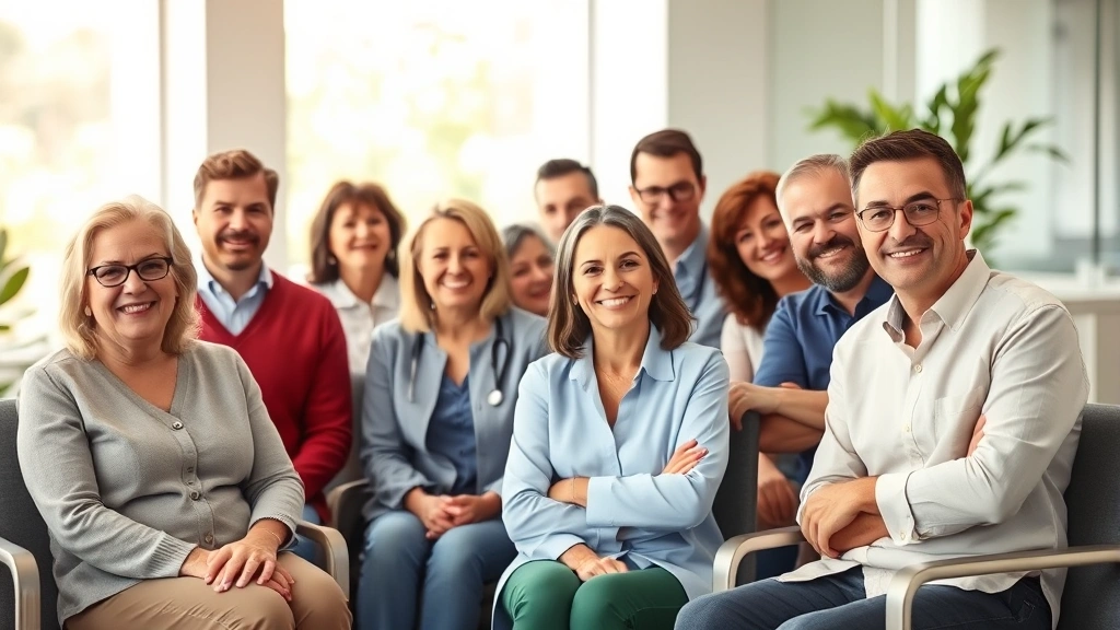Diverse group of healthy adults in a modern medical clinic waiting room with welcoming natural lighting, professional healthcare setting, people of different ages and backgrounds appearing comfortable
