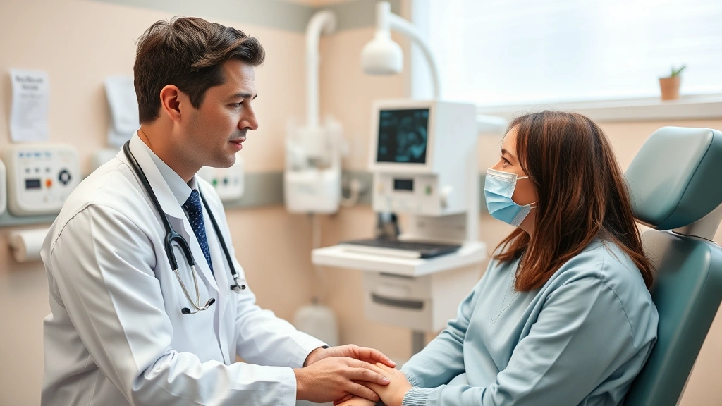 Professional healthcare provider having a consultation with a patient in a bright, clean examination room with medical equipment visible, warm and trustworthy clinical environment