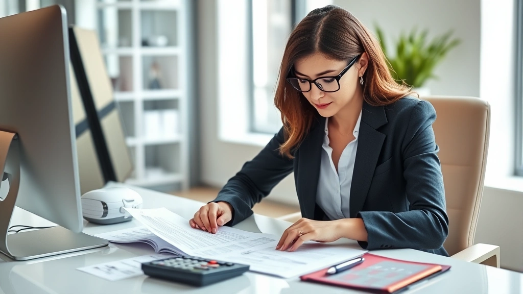 Professional woman in business attire reviewing financial documents and healthcare benefits paperwork at modern office desk with computer, natural lighting, organized workspace with calculator and pen