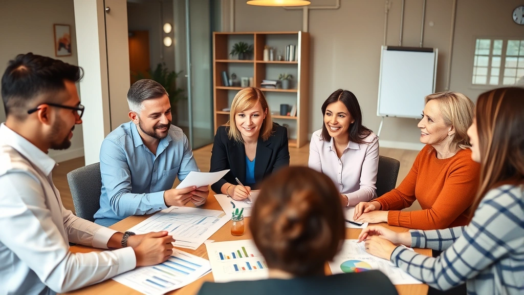 Diverse group of professionals in a financial planning meeting discussing healthcare savings strategies around a conference table with charts and documents, warm office environment, collaborative atmosphere