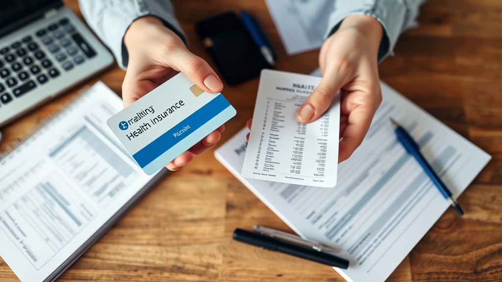 Close-up of hands holding health insurance card and medical receipts with calculator and financial planning notebook on wooden desk, organized documents, professional financial planning setting