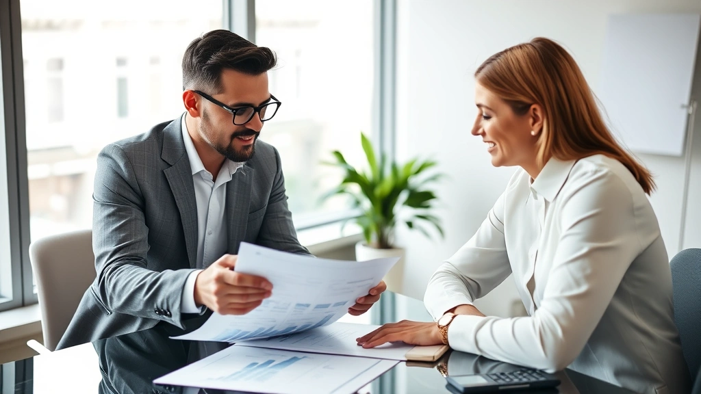 Professional financial advisor reviewing investment portfolio with client in modern office, charts and documents on desk, confident expression, natural lighting, wealth management setting