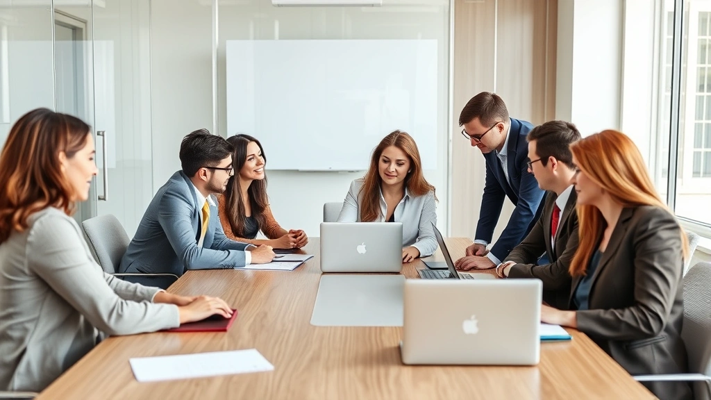 Diverse group of successful professionals in business casual attire discussing financial goals around conference table, laptops and notebooks visible, collaborative atmosphere, bright modern office environment