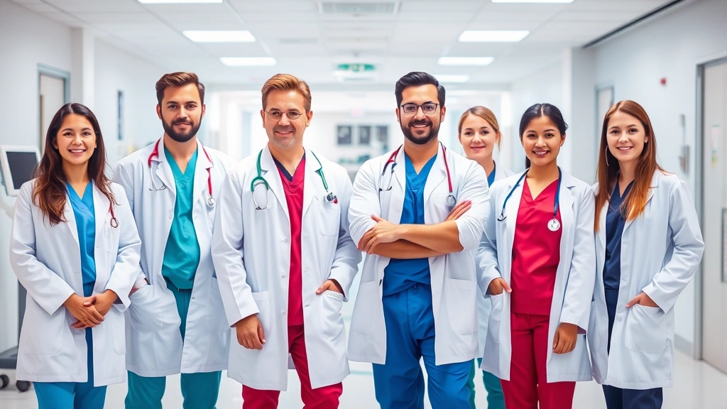 Professional healthcare team in modern hospital setting wearing white coats and scrubs, standing together confidently in bright clinical environment with medical equipment visible in background