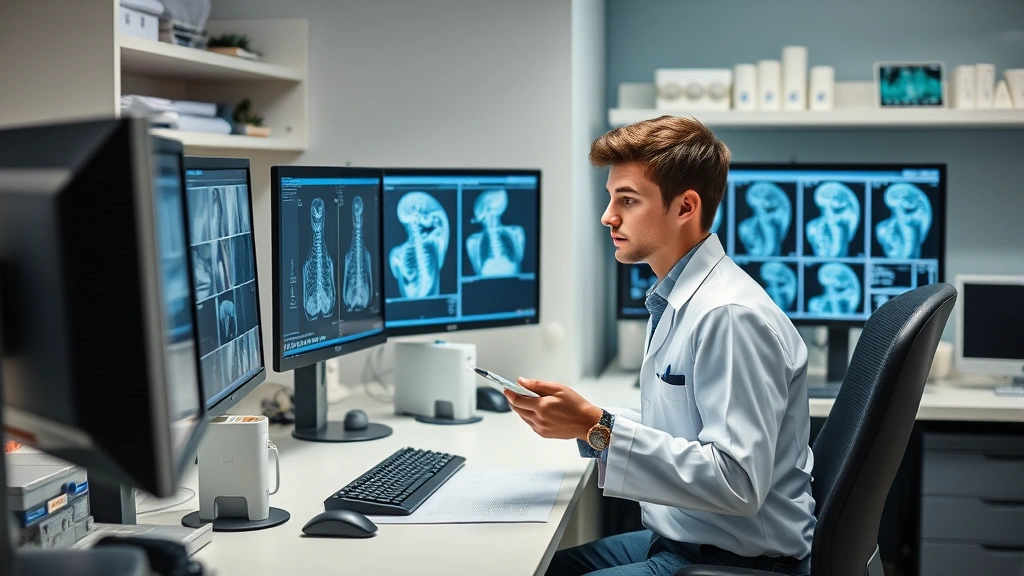 Young professional in healthcare setting studying medical imaging or laboratory results at workstation with modern technology and professional workspace organization