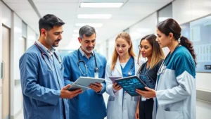 Professional healthcare team collaborating in modern hospital setting with diverse medical staff reviewing patient data on digital displays and tablets