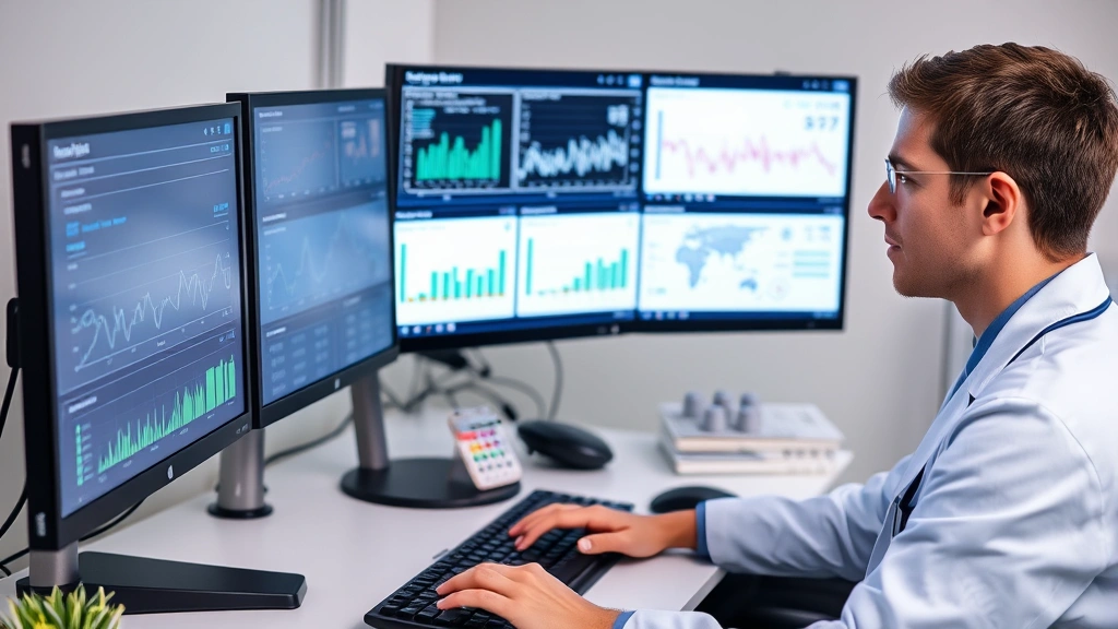 Young health informatics specialist working at computer workstation analyzing medical data with multiple healthcare analytics dashboards visible on monitors