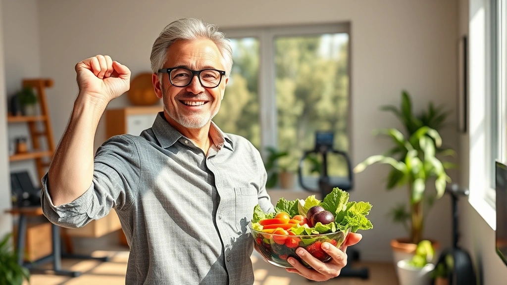 Prosperous middle-aged professional in modern home office, energetic posture, natural sunlight, holding healthy salad bowl, fitness equipment visible in background, confident expression, representing health-wealth connection