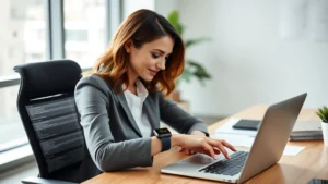Professional woman reviewing health metrics on smartwatch while sitting at modern desk with financial documents and laptop, natural office lighting
