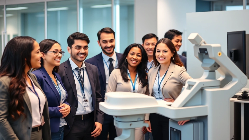 Diverse group of professionals in business attire participating in workplace wellness screening event with medical equipment, smiling and engaged