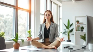 Professional woman in modern office meditating peacefully at desk with natural sunlight streaming through windows, plants visible, calm confident expression, professional attire