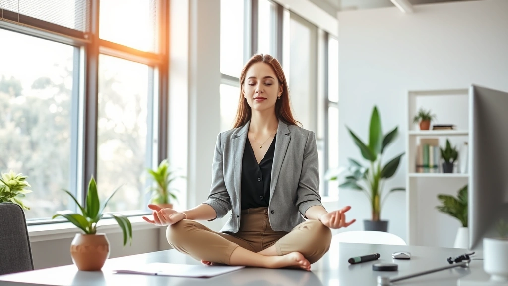 Professional woman in modern office meditating peacefully at desk with natural sunlight streaming through windows, plants visible, calm confident expression, professional attire