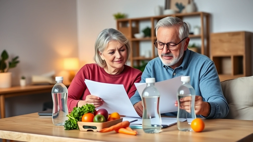 Middle-aged couple reviewing financial documents together at home with fresh vegetables and water bottles on table, warm lighting, relaxed body language, organized workspace