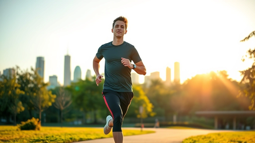 Young professional jogging outdoors in park during golden hour with city skyline visible, energetic but peaceful expression, athletic wear, surrounded by nature elements