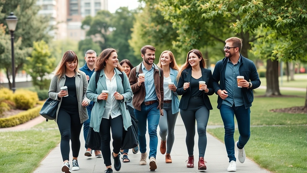 Diverse group of professionals walking together in urban park, smiling, carrying fitness gear and coffee cups, casual business attire, community atmosphere
