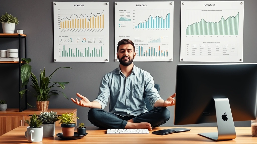 Man meditating peacefully at desk with computer, plants, organized financial charts on wall, calm expression, modern minimalist office environment