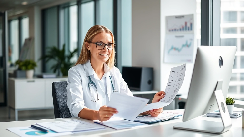 Professional health unit coordinator at modern hospital desk reviewing financial documents and investment portfolio on computer, organized workspace with charts and planning materials, natural office lighting, focused and confident expression