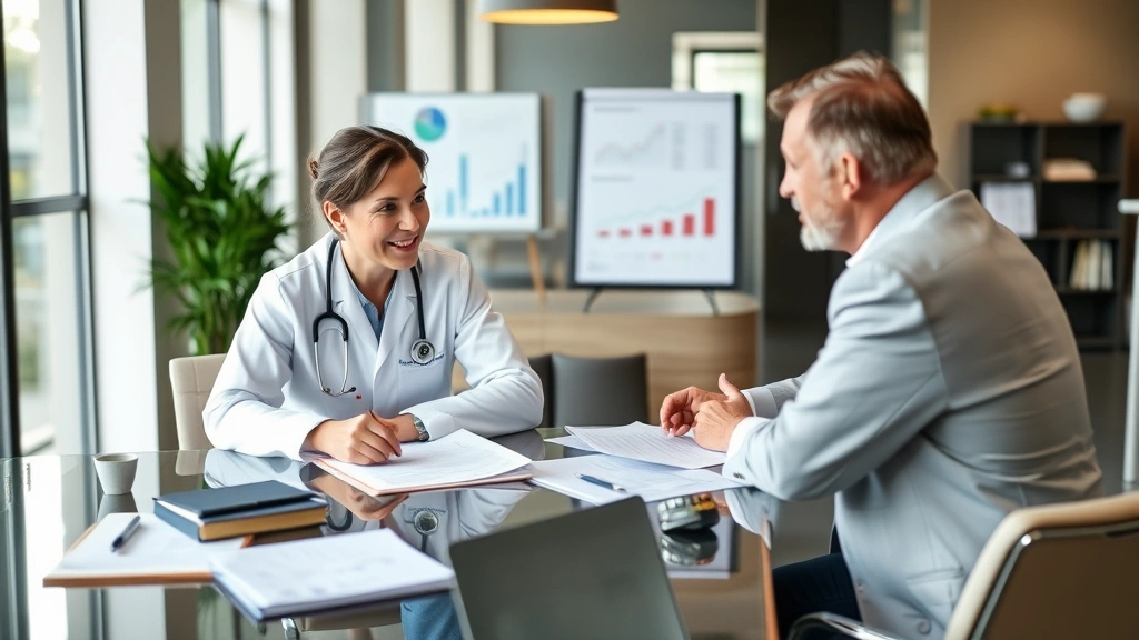 Young healthcare professional sitting at table with financial advisor reviewing retirement plan documents and investment strategy, modern office setting, collaborative discussion atmosphere, charts and graphs visible