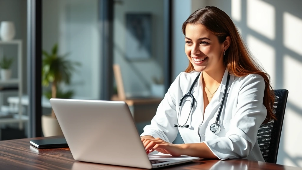 Prosperous professional woman reviewing medical documents at modern office desk with laptop, natural lighting, confident expression, wellness focus