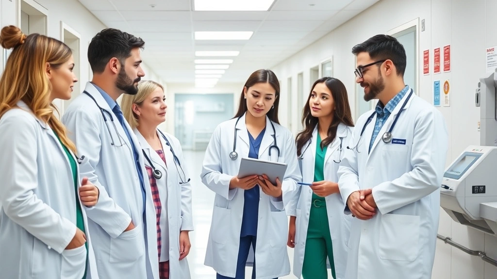 Diverse group of healthcare professionals in white coats consulting with tablet in bright medical facility corridor, collaborative atmosphere, modern equipment