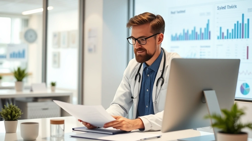 Professional healthcare administrator reviewing financial reports and patient data on computer in modern medical office with charts and graphs visible in background