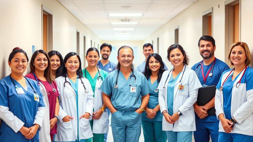 Diverse healthcare professionals including doctors, nurses, and administrators in hospital hallway wearing scrubs and professional attire, smiling confidently